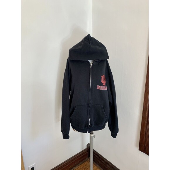 VTG 2000s y2k Russell Indiana Univ IU Hoosier Sweatshirt Hoodie Blk Zip Cotton l - Picture 2 of 16